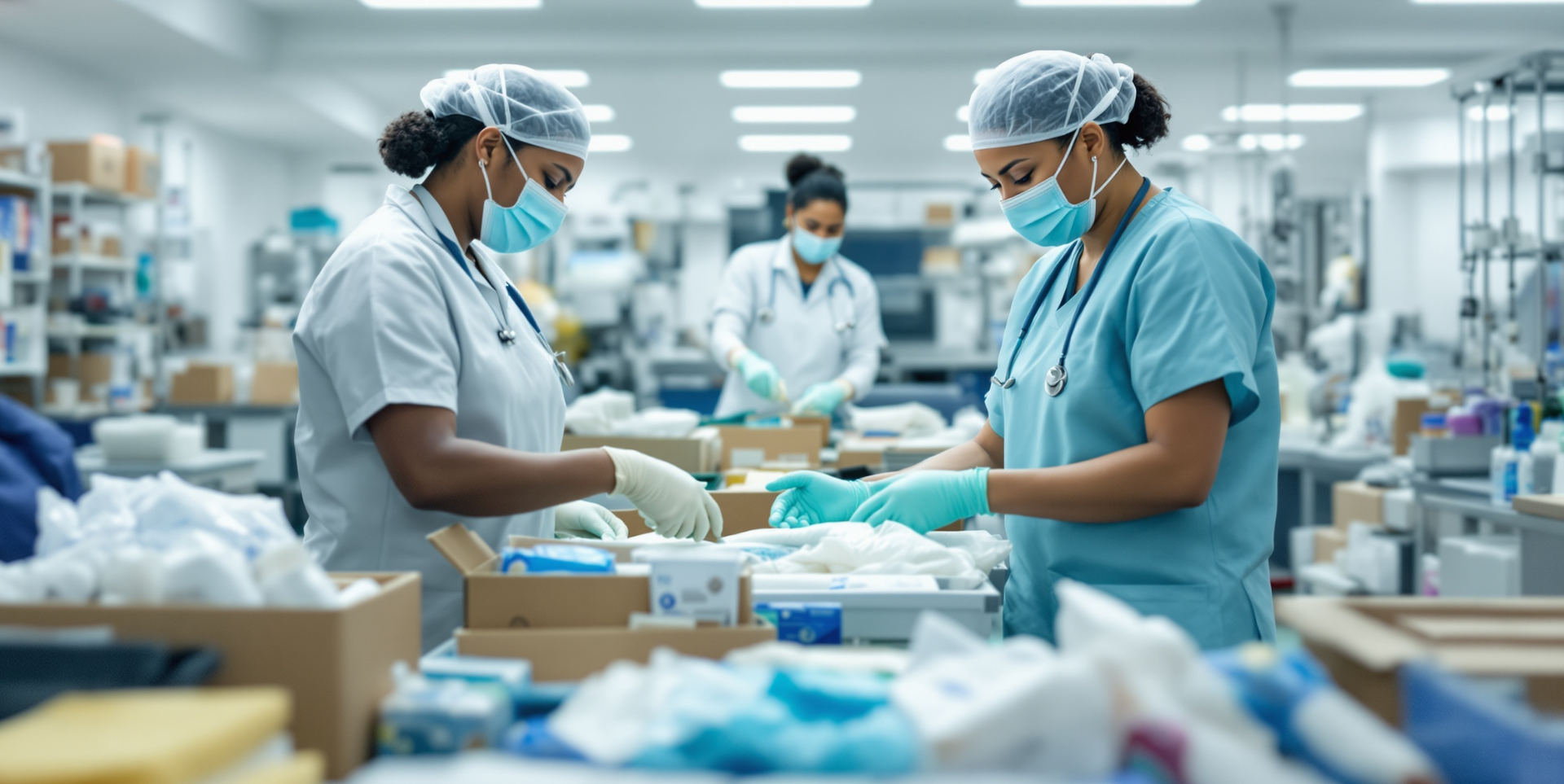 Nurses sorting medical goods
